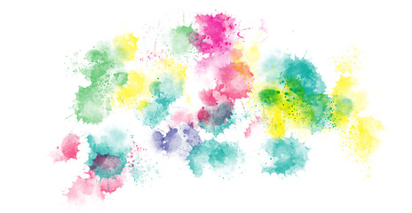 Vibrant splatters of green, yellow, pink, and blue create a dynamic abstract composition.
