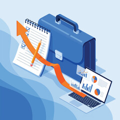 Business growth illustration with laptop, briefcase, notebook, and arrow up