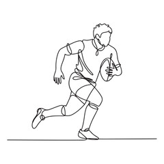 Single continuous line Art drawing of young agile rugby player running and holding the ball. Competitive sport concept. with white background