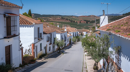 Fototapeta premium Generic stock image of a traditional rural village street with houses and asphalt road, surrounded by countryside landscape, created for real estate and housing use in southern Europe. Not a specific 