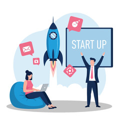 Startup illustration with rocket launch, woman working, and man celebrating
