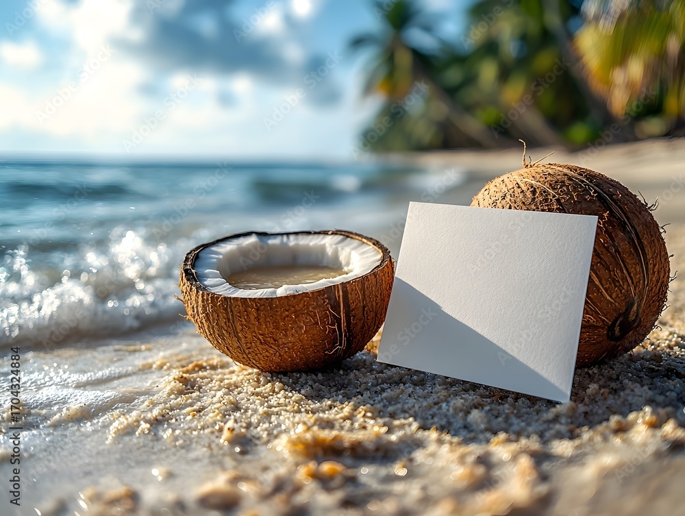 Poster serene tropical beach with a refreshing coconut drink served in its shell beside a blank card with g