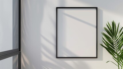 black frame mockup on bright white wall, soft window shadows, green palm leaves, minimal clean style, generous copyspace, concept of branding, interior design, advertising