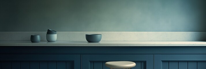 minimal kitchen counter banner, ceramic bowls on marble surface, deep blue cabinets, soft light, calm mood, wide copyspace, concept of culinary, branding, advertising