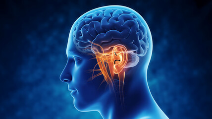 Human brain anatomy concept showing the inner ear and brainstem in blue and orange tones medical technology