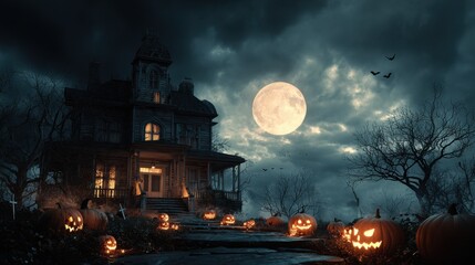 spooky halloween night with haunted house witch pumpkins and full moon scenery