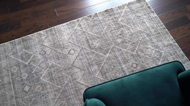 Overhead View of a Brown Hardwood Floor with Area Rug and Teal Velvet Chair