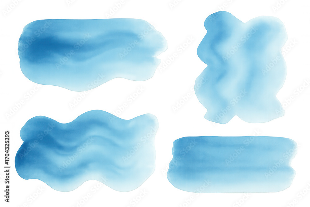 Poster four blue watercolor brushstrokes creating various shapes on a transparent background, ideal for add