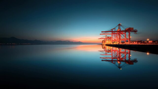 Port Terminal Cranes in Tranquil Sunset Reflections