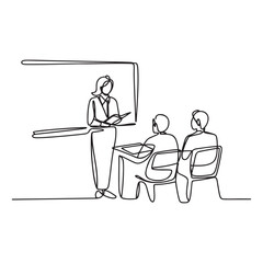 Continuous one line Art drawing woman teacher professor standing in front of teaching student in classroom. with white background