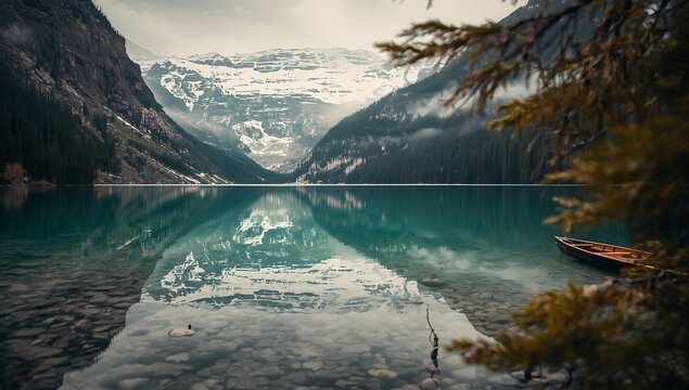 A lucid, dreamlike reflection of a majestic glacier on a tranquil, turquoise alpine lake - Powered by Adobe