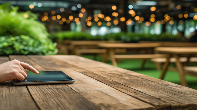 Person using tablet at outdoor cafe with glowing lights