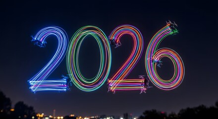 Long-exposure neon lights forming 2026 with speed lines. Perfect for themes of new year, futurism, technology, speed, and modern innovation.
