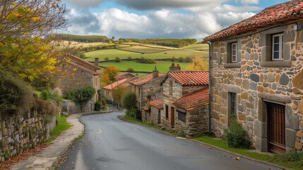 Generic stock image of a traditional rural village street with houses and asphalt road, surrounded by countryside landscape, created for real estate and housing use in southern Europe. Not a specific 