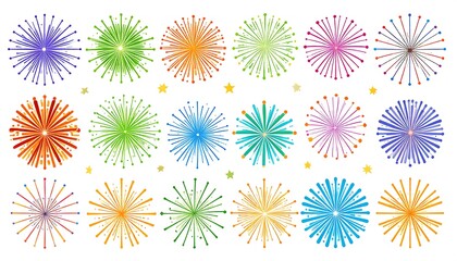 Colorful fireworks bursting against a white background