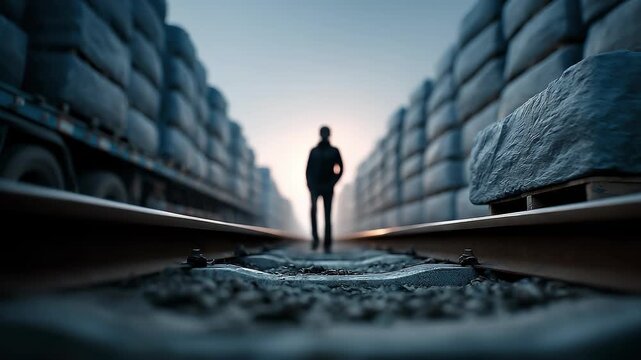 Pedestrian Standing on Rails with Freight Trains Waiting on Both Sides