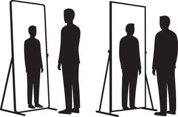 Two men observing their silhouettes in mirrors