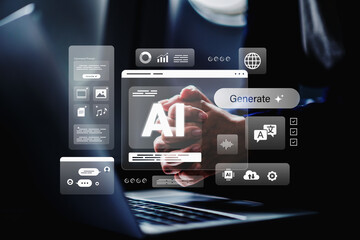 AI Artificial agents with Ai Assistants to create content to Goals, Woman using laptop Technology smart robot AI and workflow chat, and help provide ideas to help in business target