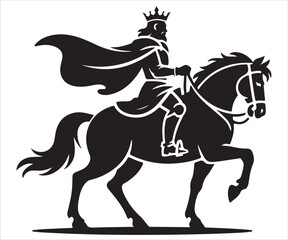 Crowned king riding horse silhouette with flowing cape