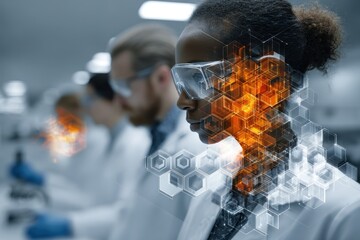 African american scientist works in laboratory with other scientists, focusing on advanced scientific research with a focus on digital interface