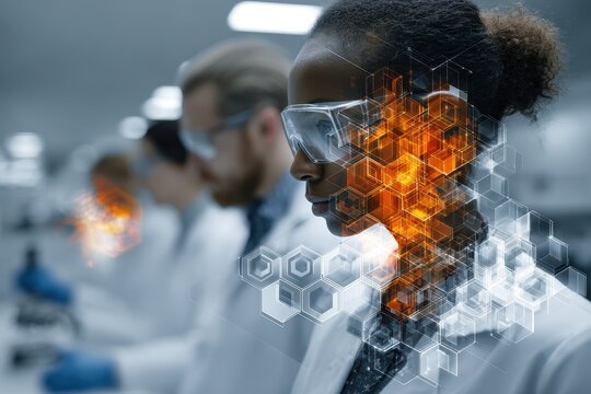 African american scientist works in laboratory with other scientists, focusing on advanced scientific research with a focus on digital interface