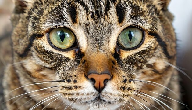 Close-up of tabby cat's face.  Green eyes, brown stripes