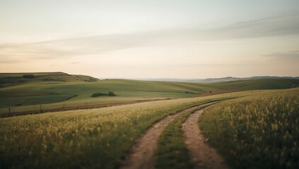 Obraz premium A serene dirt path winding through rolling green hills at sunset in the rustic countryside