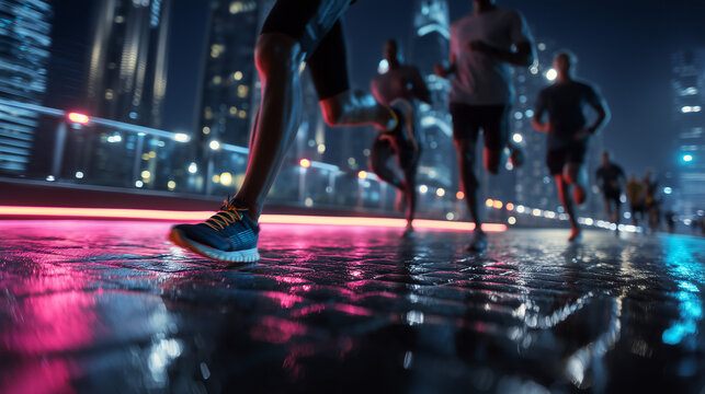 Group of people running at night on city street with neon lights
