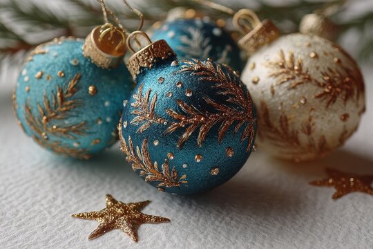 Christmas background with pine branches, colorful baubles, and gold stars on textured paper, festive holiday season - Powered by Adobe