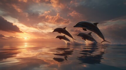 Dolphins jumping out of water at sunset ocean sea marine life aquatic animals wildlife nature travel summer vacation