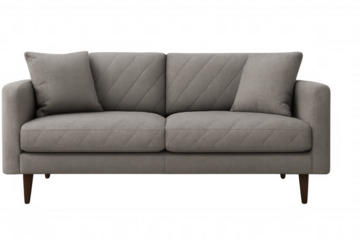 Comfortable grey sofa with cushions isolated on transparent background, perfect for interior design projects