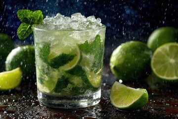 Refreshing mojito cocktail with ice and lime garnishes on a wooden surface, water droplets enhancing the drink's appeal, creating a cool and inviting atmosphere