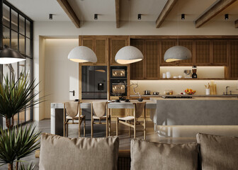 Modern Living Room and Dining Space, 3D Render.