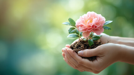 Hands holding soil with pink flower growing outdoors
