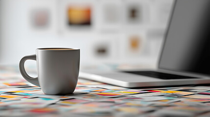 Coffee cup sits next to a laptop on a table covered with papers