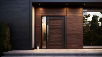 Contemporary home entrance showcasing a sleek wooden door and modern architectural design