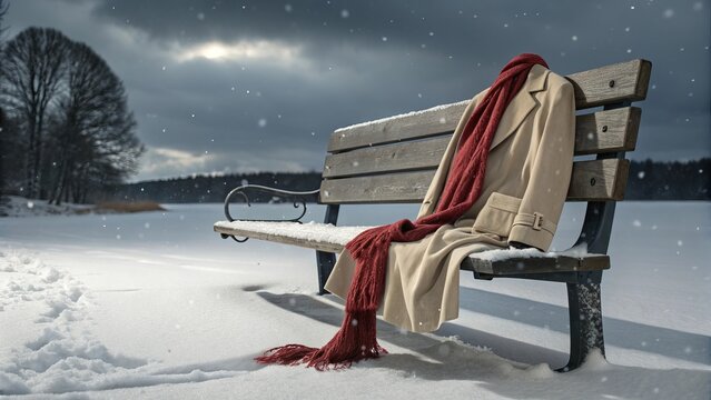 Abandoned Bench with Coat and Scarf in Snow winter