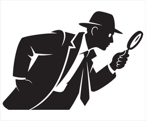 Noir silhouette of private detective searching with magnifying glass