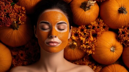woman with halloween face mask pumpkins and flowers in background eyes closed peaceful spa treatment