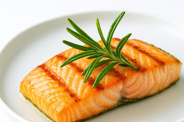 Perfectly Grilled Salmon Fillet with Fresh Rosemary on a White Plate
