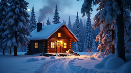Cozy log cabin in snowy forest at night with warm light