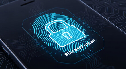 Digital security and online privacy concept illustrated by a fingerprint scan forming a padlock on a mobile device to stay safe