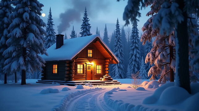 Cozy log cabin in snowy forest at night with warm light - Powered by Adobe