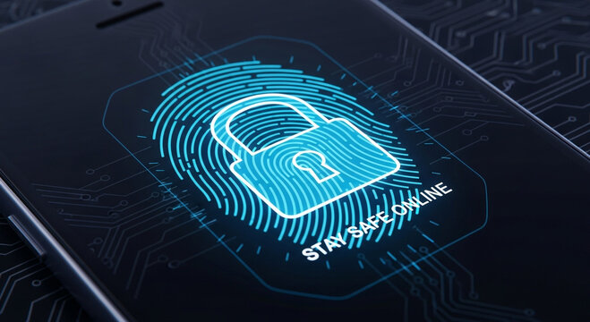 Digital security and online privacy concept illustrated by a fingerprint scan forming a padlock on a mobile device to stay safe