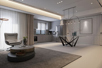 Modern Living Room and Dining Space, 3D Render.