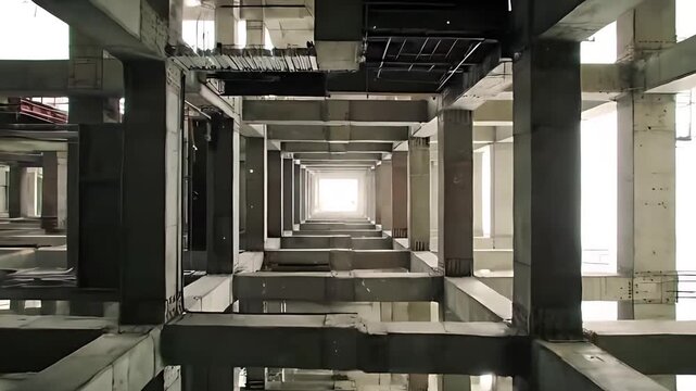 Descending an elevator shaft in a skyscraper under construction, revealing the raw industrial skeleton of steel and concrete.
