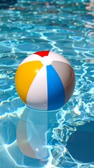 Colorful beach ball floats on rippled pool water