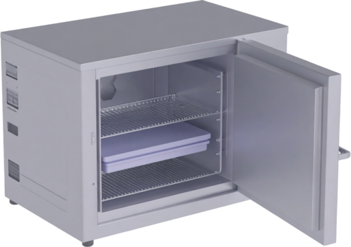 An open medical laboratory incubator made of stainless steel This piece of equipment is isolated on a white background for scientific use.