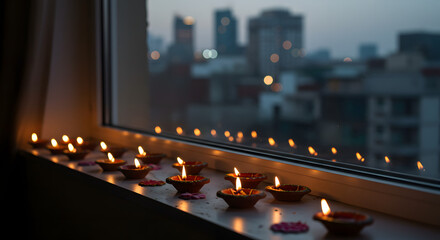 Burning Diya Lamps on a Window Sill with City Lights, Warmth, and Celebration