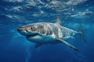 Naklejka premium Great white shark swimming in pacific ocean waters with sunlight reflecting on the surface